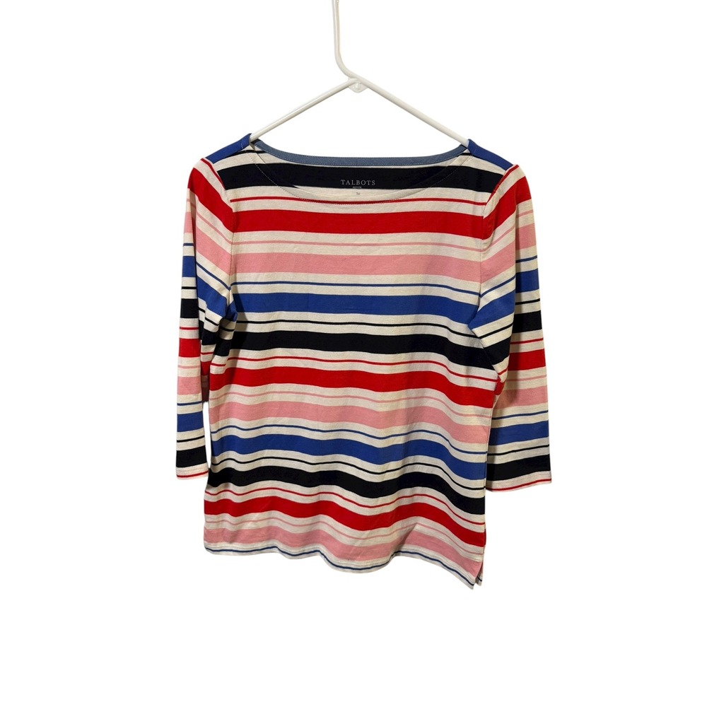 Talbots Size Small Petite Striped 3/4 Sleeve Boat Neck Tee Top Shirt